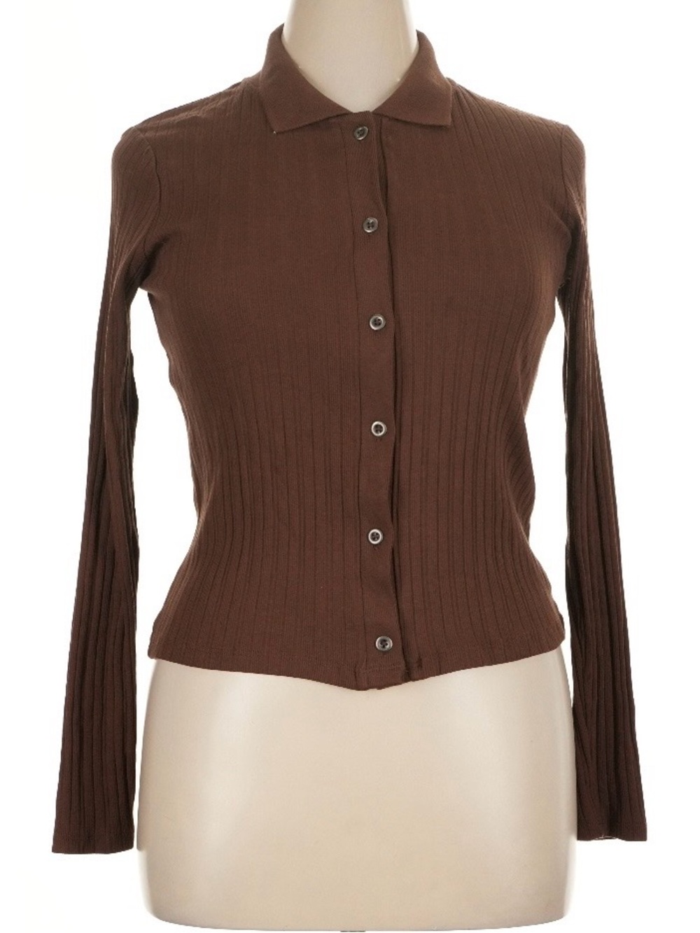 Zara Brown Ribbed Button-Down Collared Top